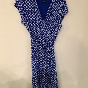 Liz Claiborne Royal Blue and White Geometric Wrap Midi Dress